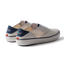 Pair of Neptune Lido men's shoes facing left, showing rear and side views in tan, white, and navy with cushioning.