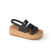 Water Vista Higher 2 sandal facing right, black straps with tan platform sole, offering beach comfort and support.