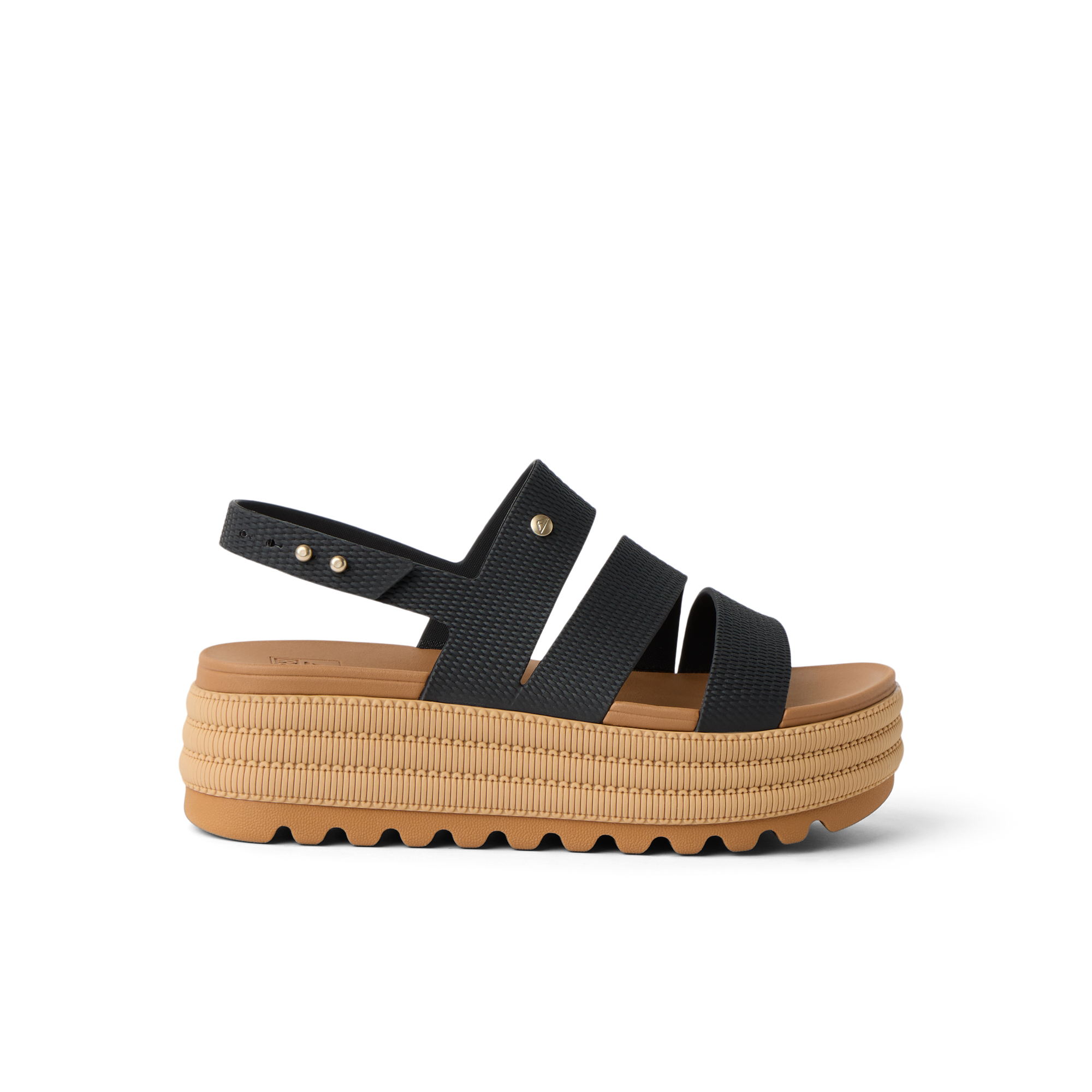 Water Vista Higher 2 women's sandal facing left, showing black straps and tan platform sole with cushioning and arch support.