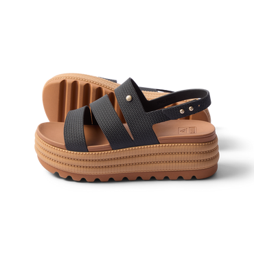 Water Vista Higher 2 women's black and tan platform sandal facing right, showcasing cushioned sole and water-friendly straps.