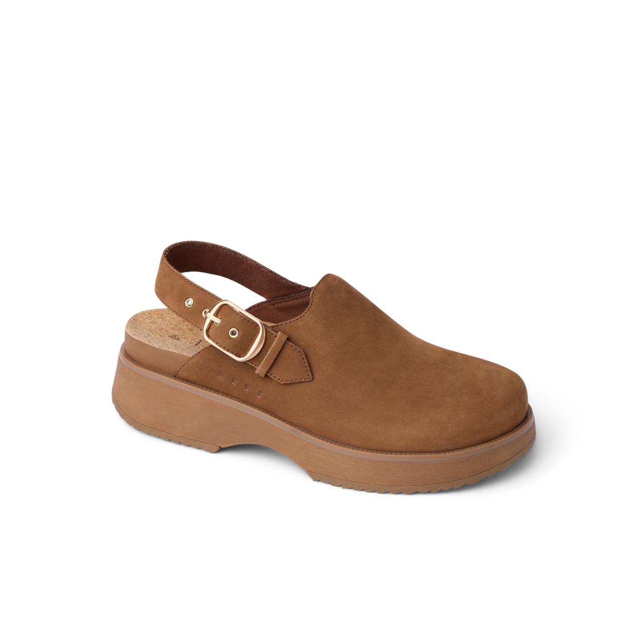 Vista Skye Rosa clog facing left with adjustable backstrap, brown suede, designed for comfort and beach-inspired wear.