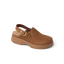 Vista Skye Rosa clog facing left with adjustable backstrap, brown suede, designed for comfort and beach-inspired wear.