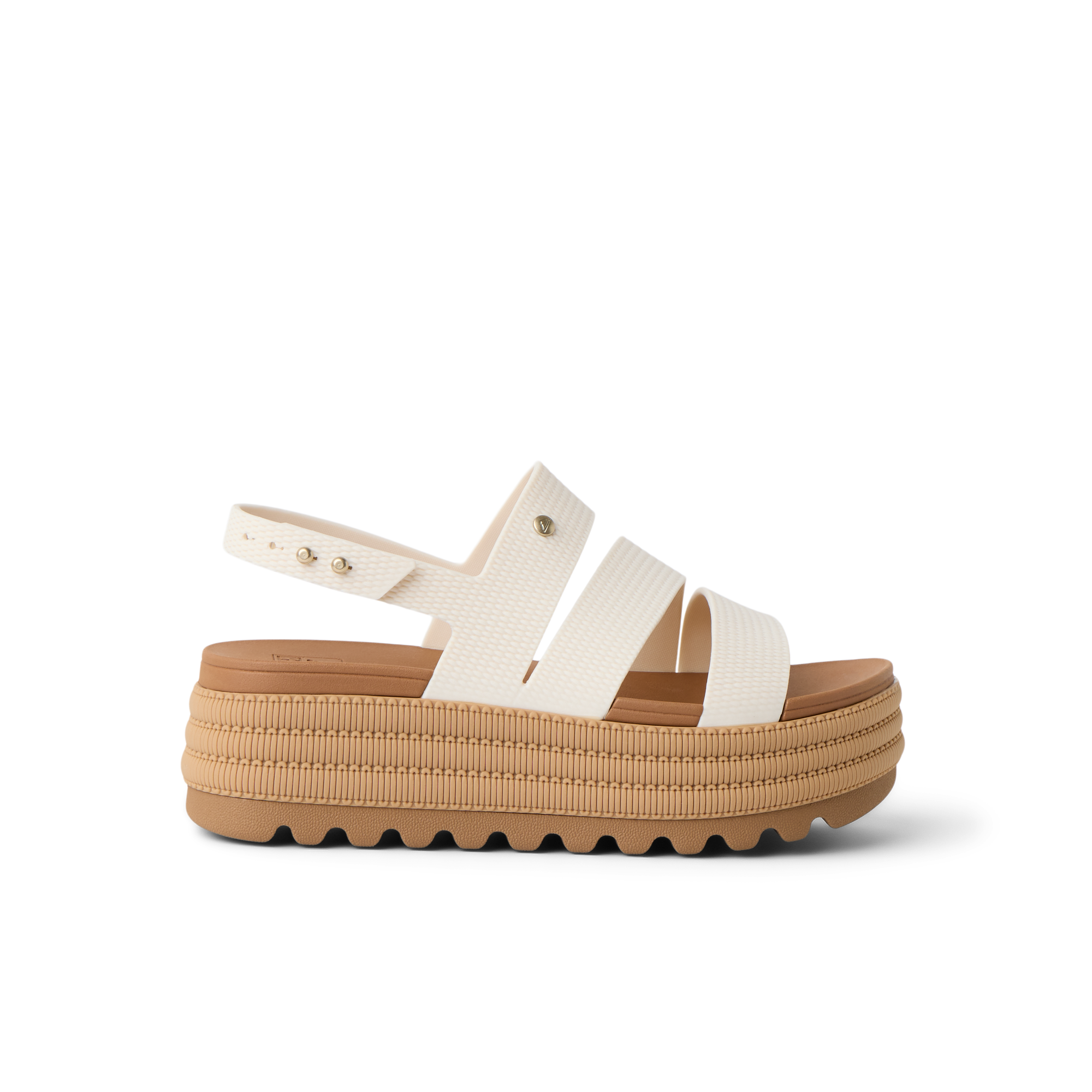 Side view of Water Vista Higher 2 women's platform sandal in neutral tones, showcasing cushioned sole and adjustable strap.