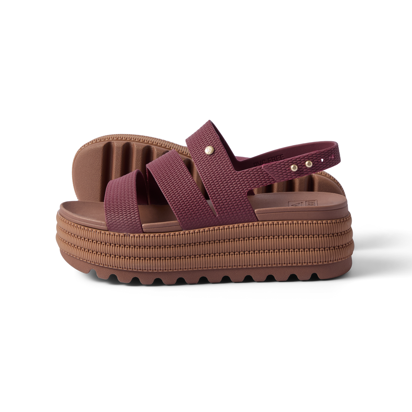 Side view of Water Vista Higher 2 platform sandals in burgundy, featuring water-friendly materials and arch support.
