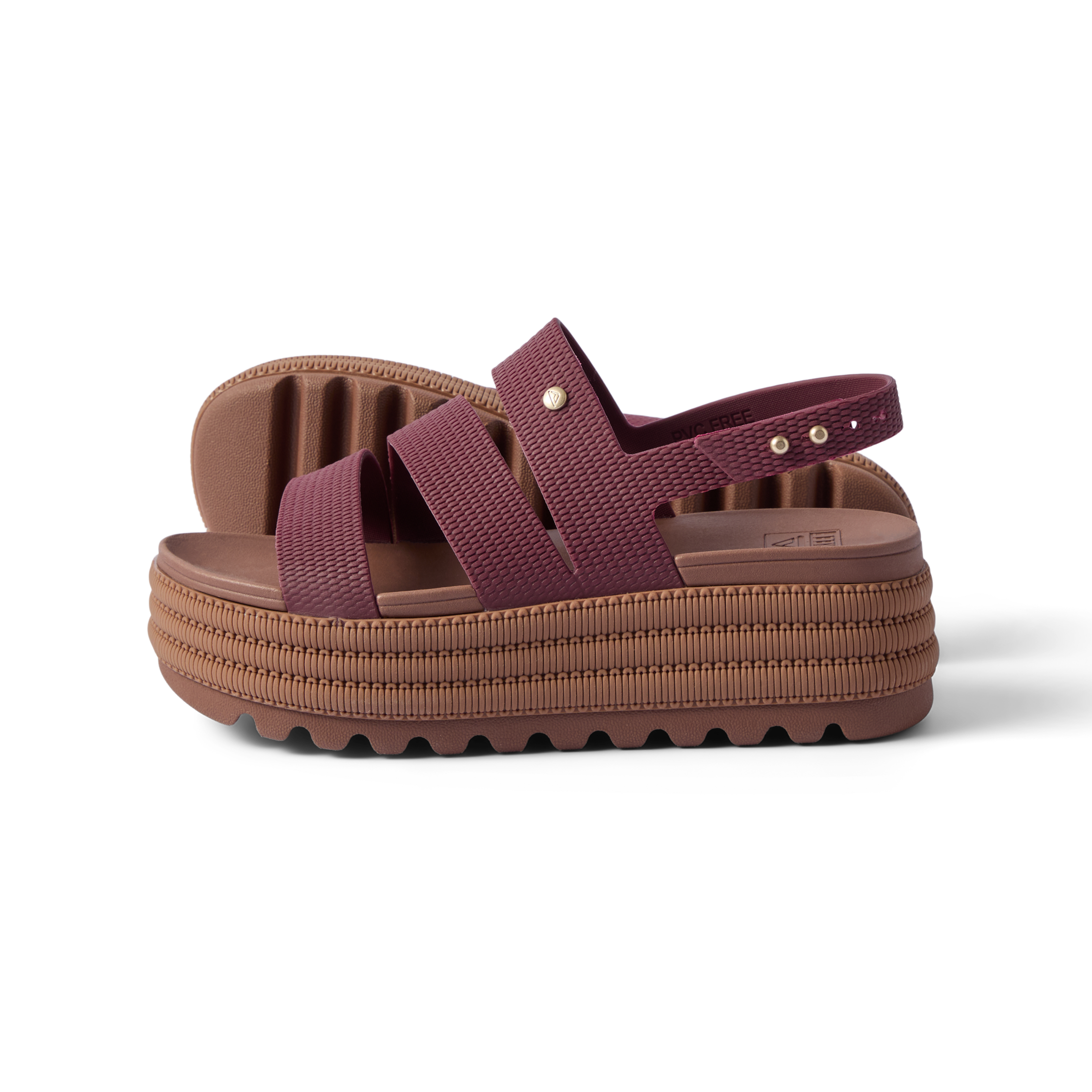Side view of Water Vista Higher 2 platform sandals in burgundy, featuring water-friendly materials and arch support.