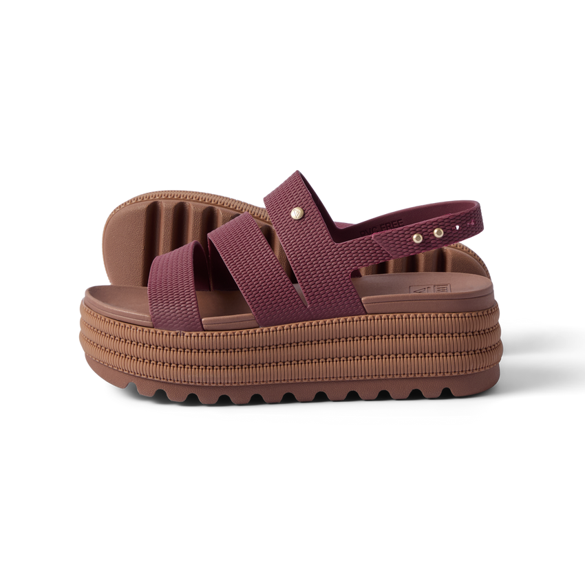 Side view of Water Vista Higher 2 platform sandals in burgundy, featuring water-friendly materials and arch support.