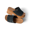 Vista Luxe Evie black suede platform sandals with right shoe facing left, showcasing arch support and cork footbed detail.