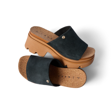 Vista Luxe Evie black suede platform sandals with right shoe facing left, showcasing arch support and cork footbed detail.