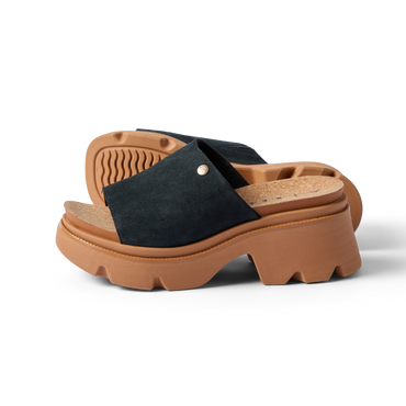 Vista Luxe Evie women's black mule sandals side-facing right, platform sole, suede upper with arch support and cushioning.