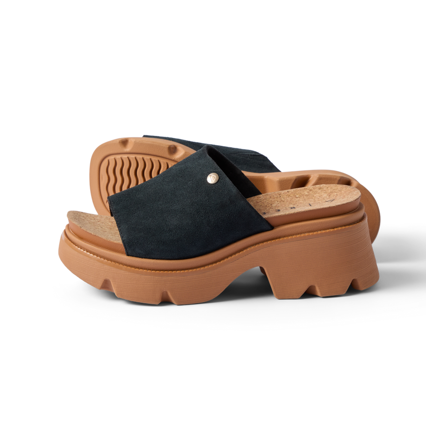 Vista Luxe Evie women's black mule sandals side-facing right, platform sole, suede upper with arch support and cushioning.
