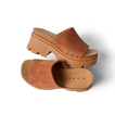 Vista Luxe Evie platform sandals in brown suede, left shoe side view and right shoe top view, beach-inspired comfort design.