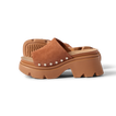Vista Luxe Evie facing left, close-up on side showing brown suede platform sandal with stud accents and arch support.