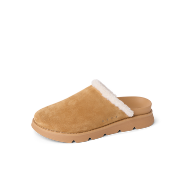 Vista Luxe Mariana tan suede clog facing left with closed toe, soft lining, cushioned sole, and arch support.