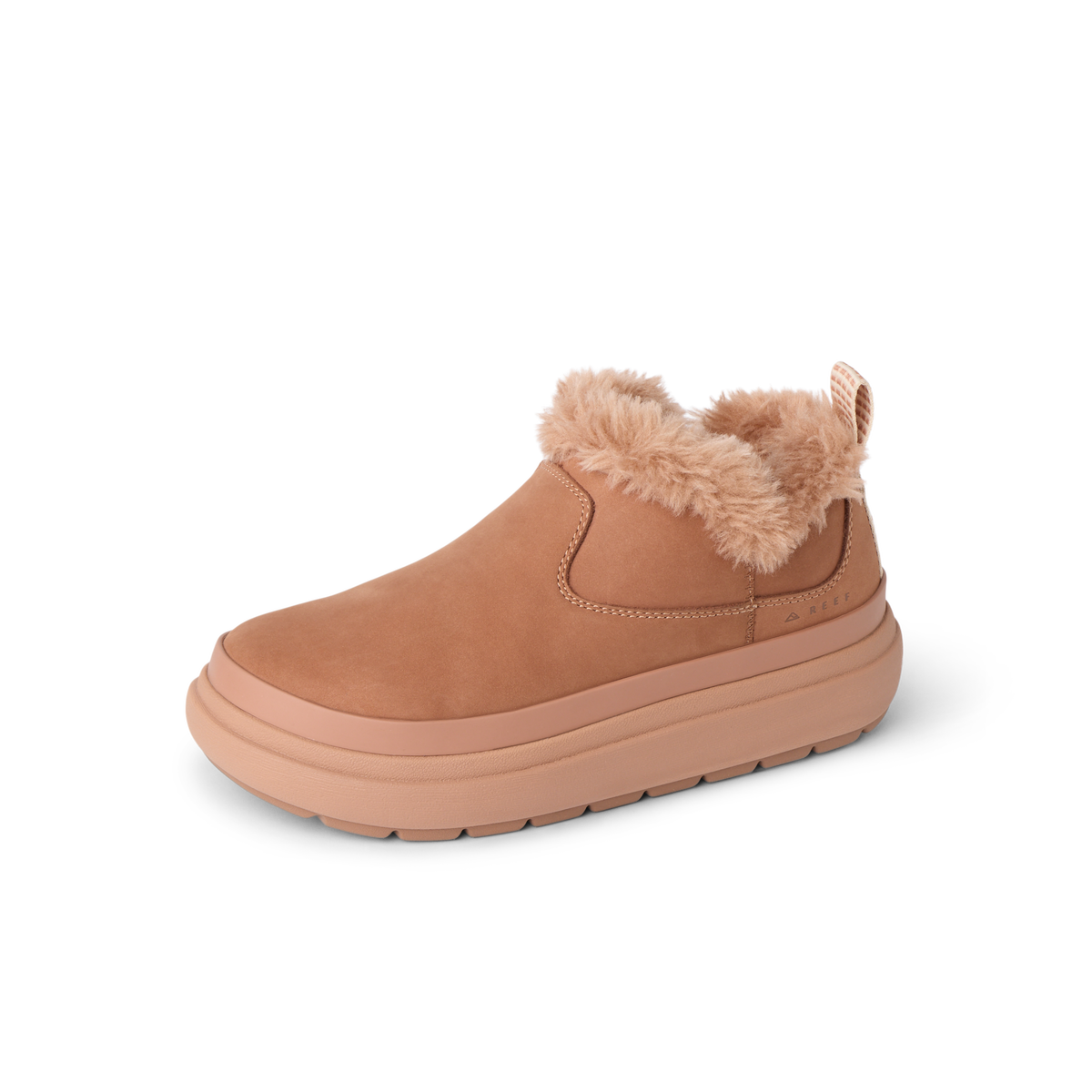 Right-facing REEF slip-on shoe with plush fur lining, cushioned sole, and durable water-friendly materials.