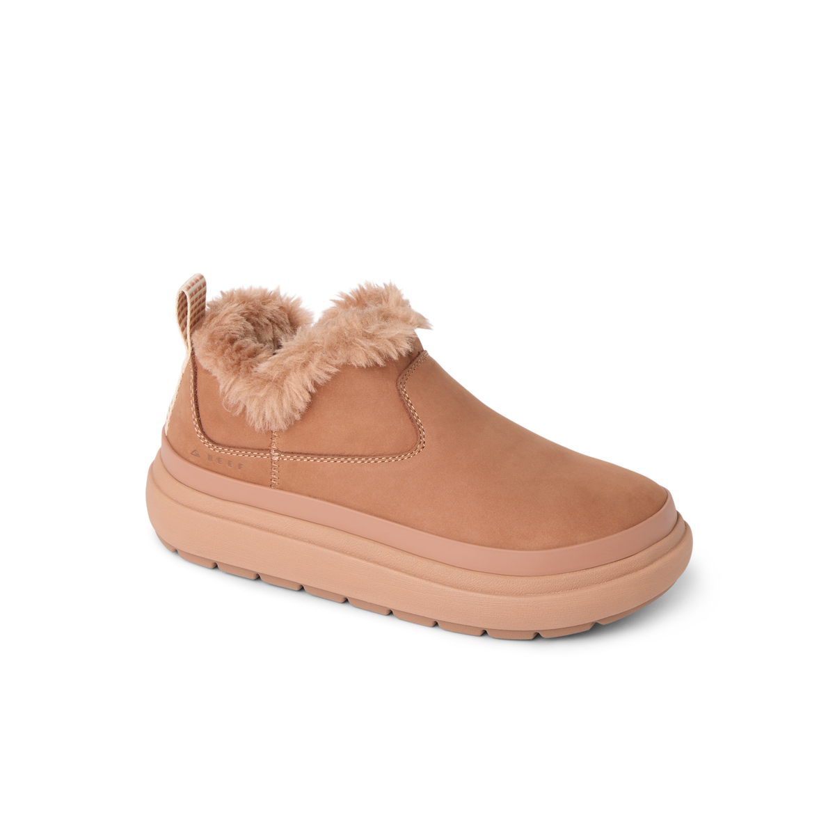 Weekend Olivia shoe facing right, showing water-resistant nubuck and plush faux fur lining for comfort.