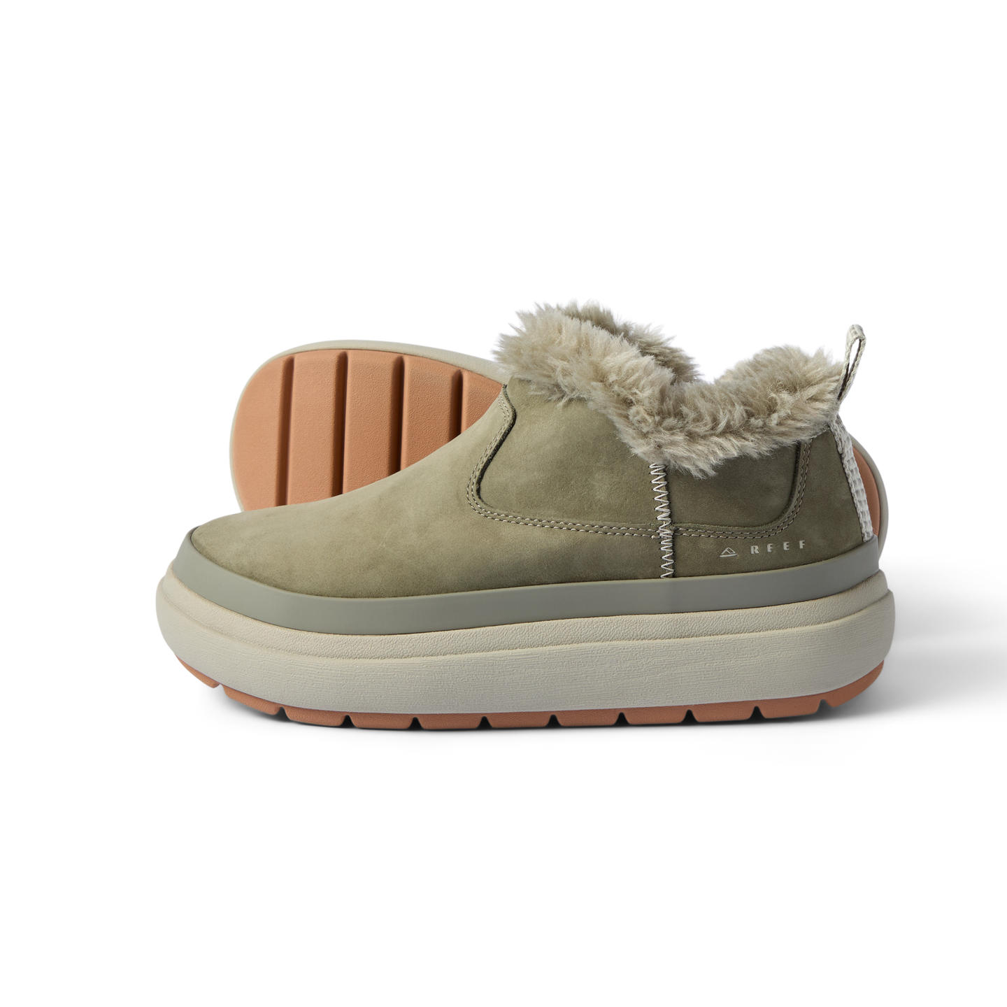 Side view of Weekend Olivia slip-on shoe with water-resistant nubuck and plush faux fur lining, lightweight sole visible