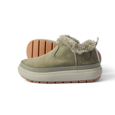 Side view of Weekend Olivia slip-on shoe with water-resistant nubuck and plush faux fur lining, lightweight sole visible