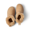 Pair of Weekend Olivia boots facing up, showing plush faux fur lining and water-resistant nubuck uppers in tan color.