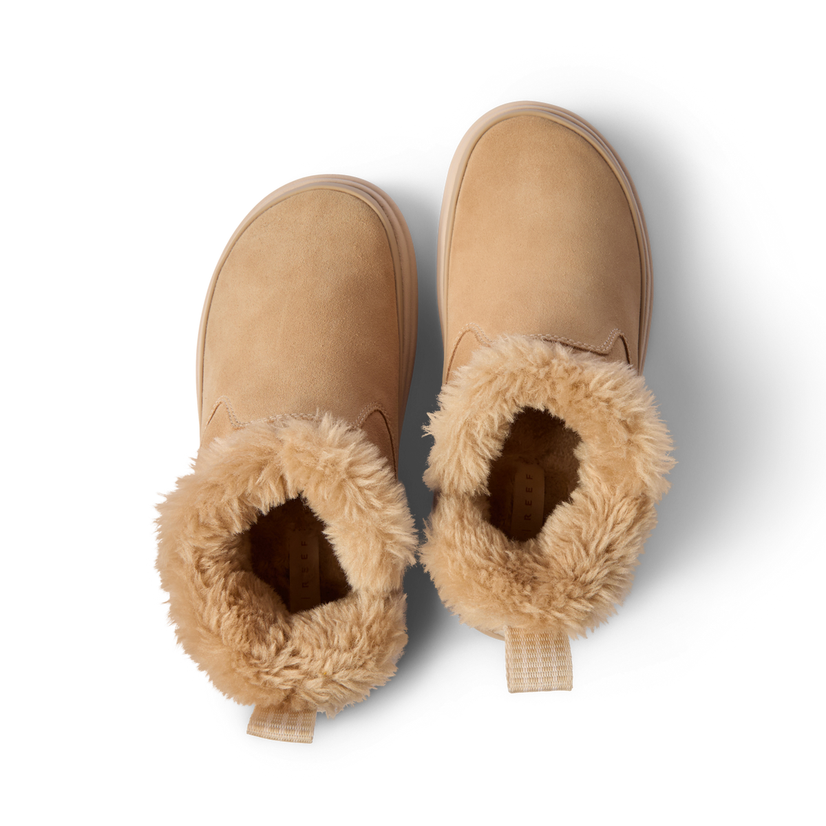 Pair of Weekend Olivia boots facing up, showing plush faux fur lining and water-resistant nubuck uppers in tan color.