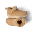 Top and side views of Weekend Olivia women's shoes with plush faux fur lining and water-resistant nubuck in tan color