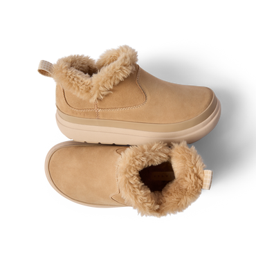 Top and side views of Weekend Olivia women's shoes with plush faux fur lining and water-resistant nubuck in tan color