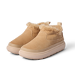 Pair of Weekend Olivia tan nubuck slip-on shoes angled left, featuring plush faux fur lining and lightweight rubber soles.