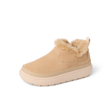 Weekend Olivia women's shoe facing right, beige water-resistant nubuck with plush faux fur lining and cushioned sole