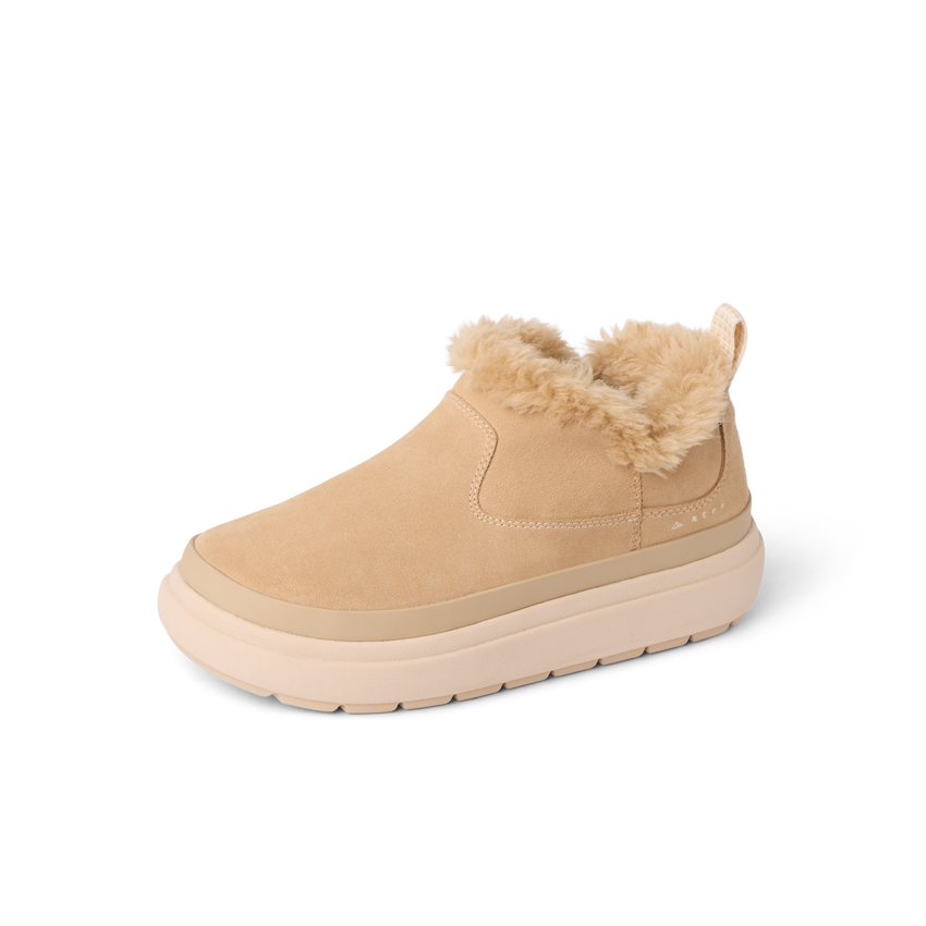 Weekend Olivia women's shoe facing right, beige water-resistant nubuck with plush faux fur lining and cushioned sole