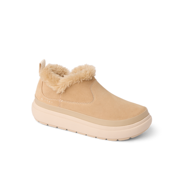 Weekend Olivia left-facing beige shoe with plush faux fur lining, cushioned sole, and water-resistant nubuck upper close-up
