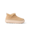 Side view of Weekend Olivia shoe in tan with water-resistant nubuck, plush faux fur lining, and lightweight sole facing right.