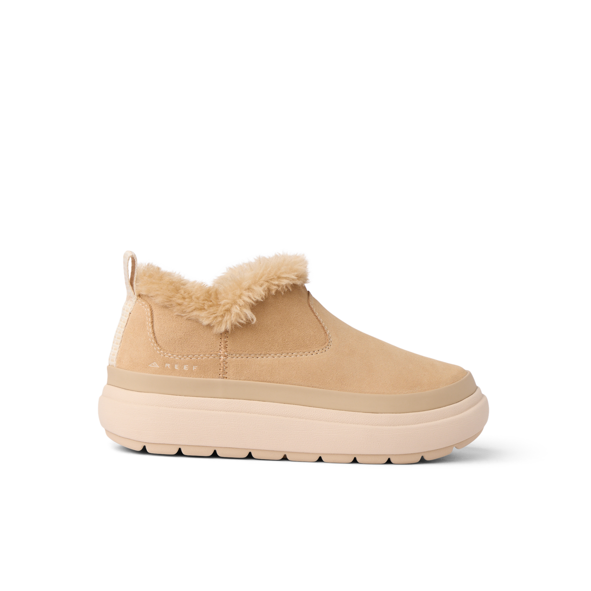 Side view of Weekend Olivia shoe in tan with water-resistant nubuck, plush faux fur lining, and lightweight sole facing right.