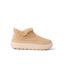 Side view of Weekend Olivia shoe in tan with water-resistant nubuck, plush faux fur lining, and lightweight sole facing right.