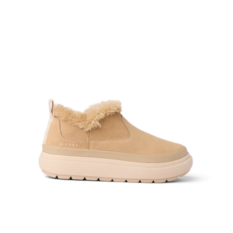 Tan ankle boot facing right with a plush fleece collar and chunky cushioned sole