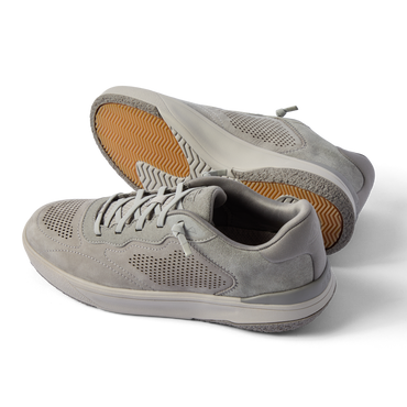 Del Mar Leather grey sneakers facing left with perforated uppers and cushioned soles
