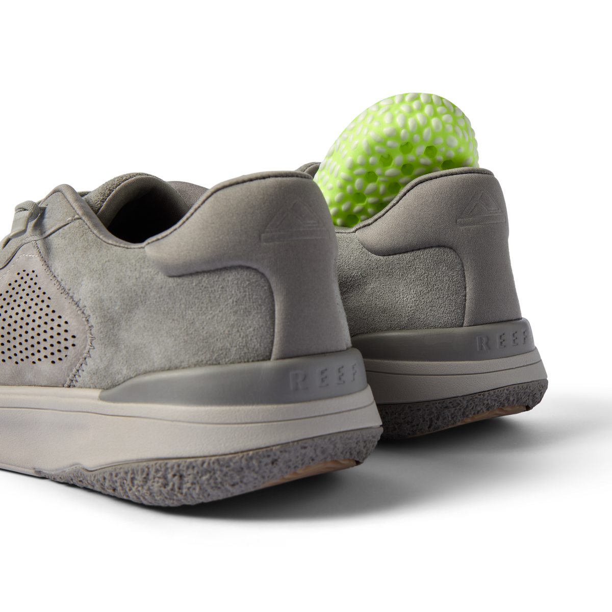 Del Mar Leather grey REEF shoes shown from the heel facing left with suede leather uppers and cushioned comfort