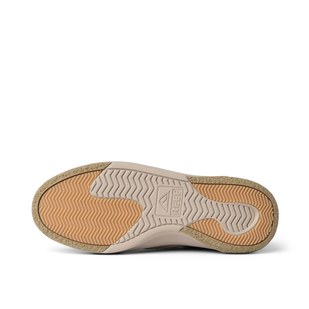 Del Mar Leather shoe outsole close up viewed from below, facing left, with durable textured tread for comfort