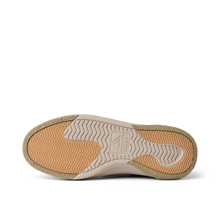 Del Mar Leather shoe outsole close up viewed from below, facing left, with durable textured tread for comfort