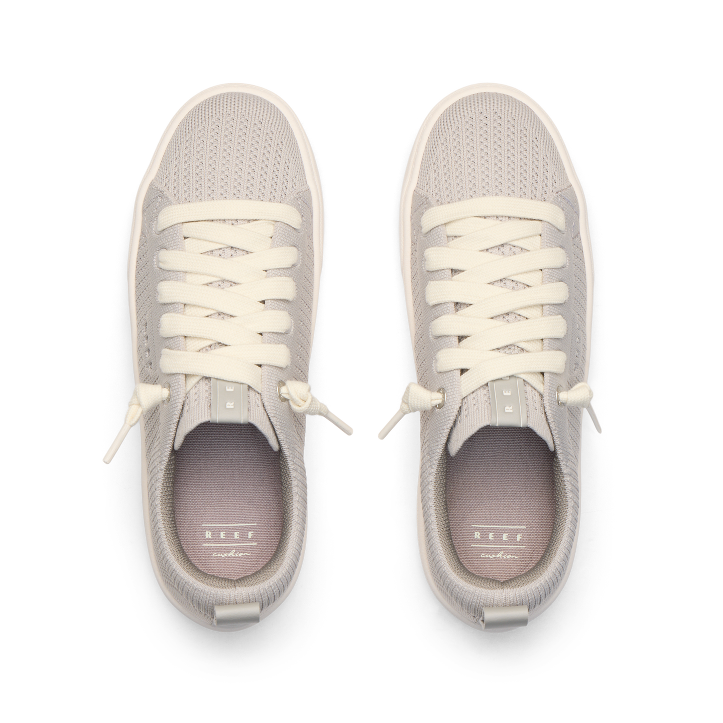Top view of light gray Lay Day Lite women's sneakers featuring breathable mesh and soft cushioning for beach comfort.