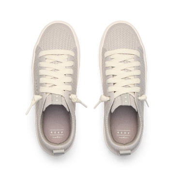 Top view of light gray Lay Day Lite women's sneakers featuring breathable mesh and soft cushioning for beach comfort.