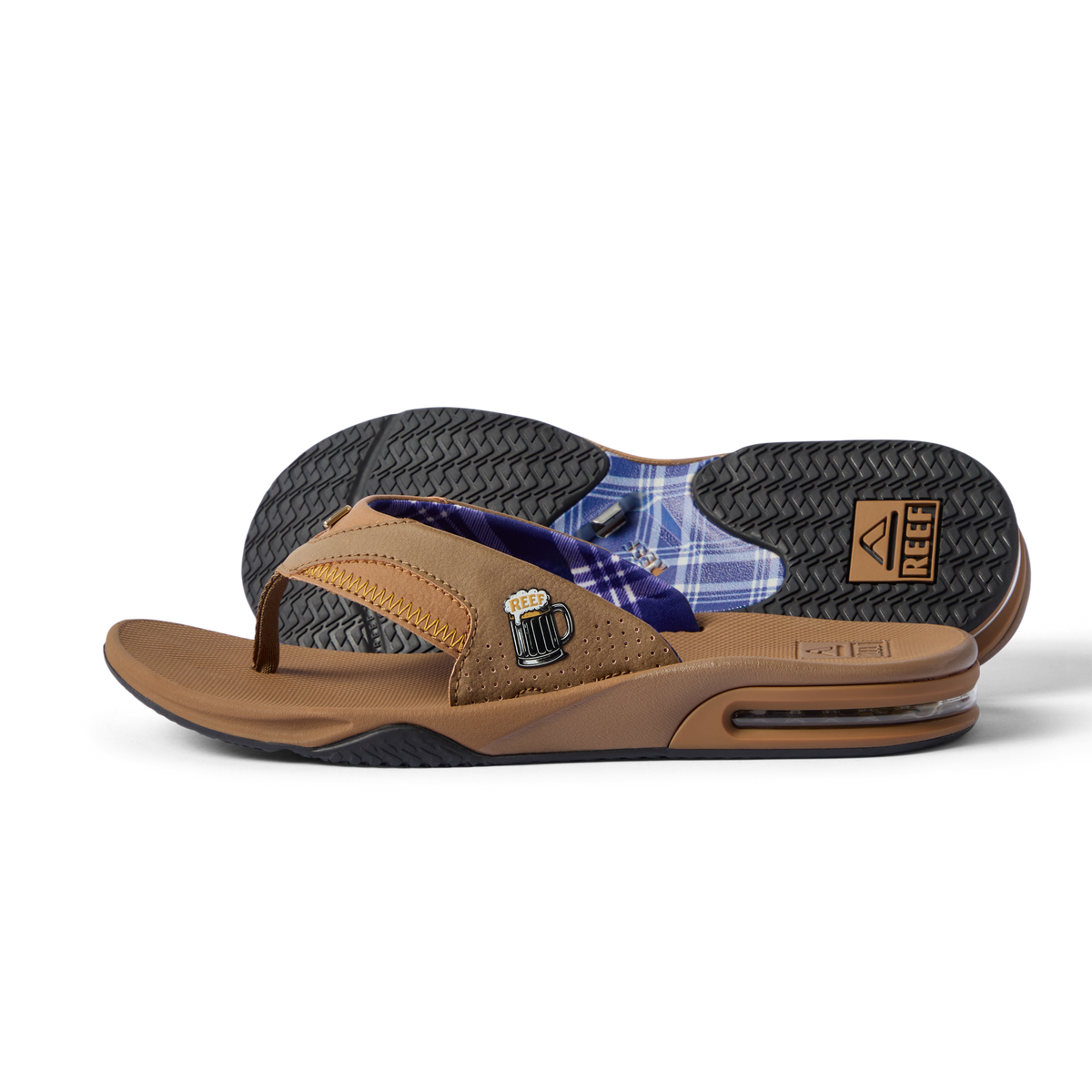 Side view of the brown Fanning sandal with arch support and bottle-opener feature, water friendly and durable design.