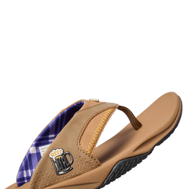 Fanning right-facing water-friendly sandal with arch support, soft cushioning, and bottle opener feature in brown tones