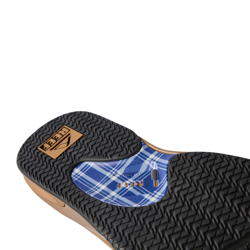 Close-up of the bottom sole of Fanning footwear facing upward, showing water-friendly, durable tread with arch support features.