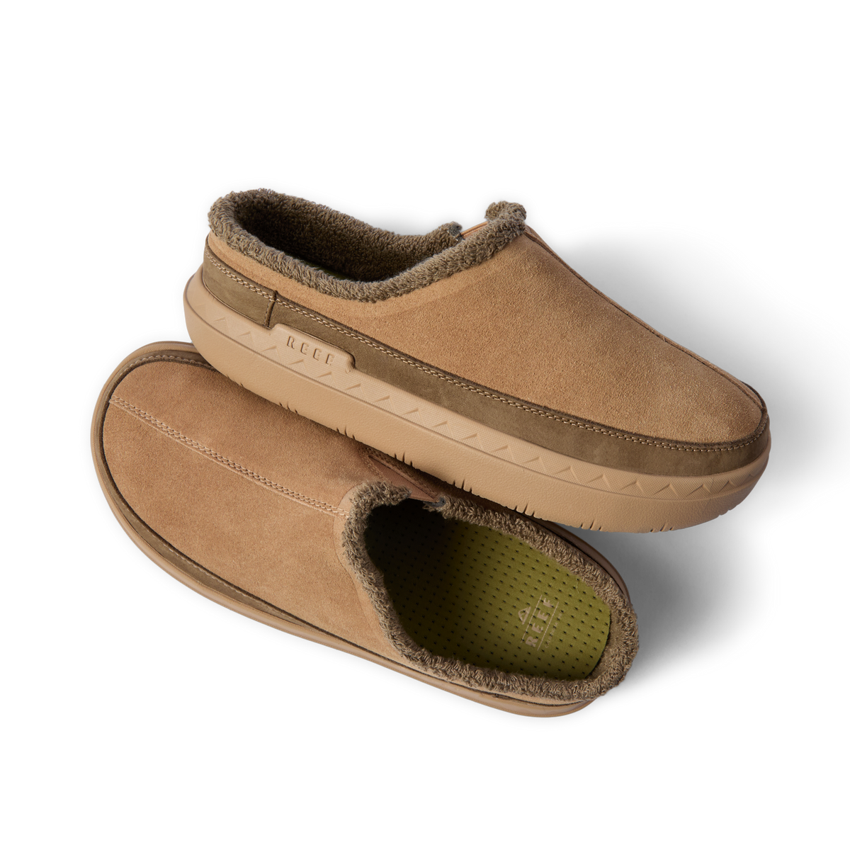 Rambler Mule slippers facing right, showing suede uppers, soft terry lining, and cushioned footbeds