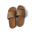 Top view of a pair of brown Fanning Slide sandals with water-friendly soles and arch support for beach comfort