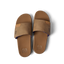 Top view of a pair of brown Fanning Slide sandals with water-friendly soles and arch support for beach comfort