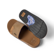 Pair of Fanning Slide sandals showing top of left and sole of right, water friendly, arch support, comfortable beach footwear.