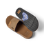 Pair of Fanning Slide sandals showing top of left and sole of right, water friendly, arch support, comfortable beach footwear.