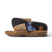 Side view of the Fanning Slide showing arch support and water-friendly sole with bottle opener in tan brown color