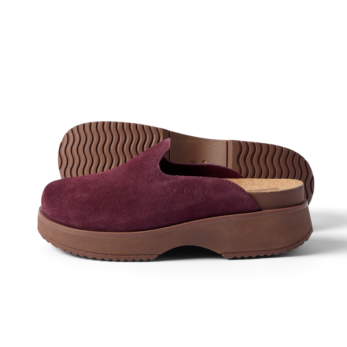 REEF Vista Skye burgundy suede platform clog facing left with cushioned footbed and arch support