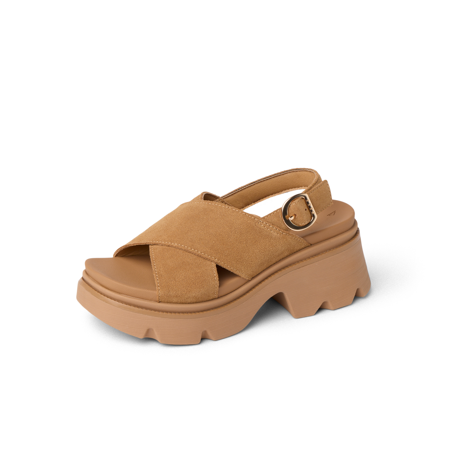 Vista Luxe Ava sandal facing right, soft suede straps with adjustable buckle and cushioned platform sole for comfort.